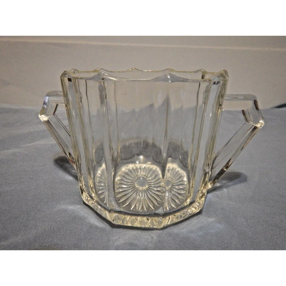 Vintage Pressed Glass Sugar Bowl Twin Handle Paneled Sunburst Starburst Base